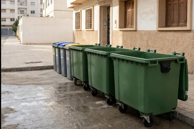 Bacs à ordures alignés le long du trottoir dégagé après le passage de l'équipe