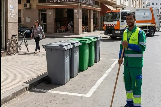 Agent de propreté devant les bacs alignés et la benne, en fin de tournée